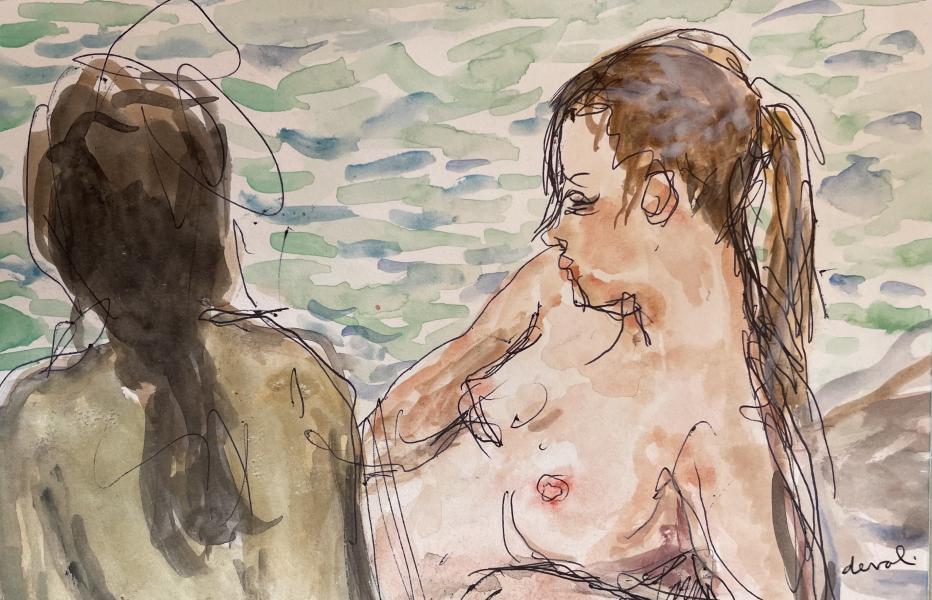 Accoudée et de dos, au bord de la mer