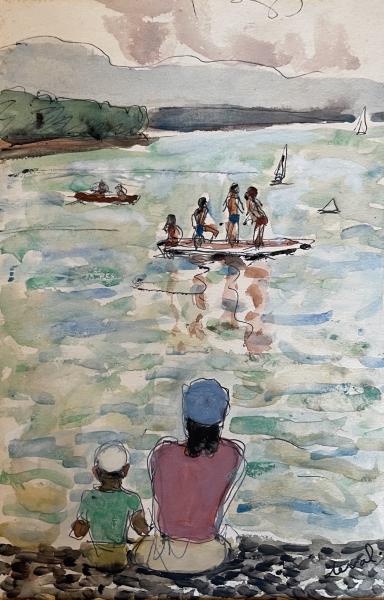 Femme et enfant au bord du lac Léman