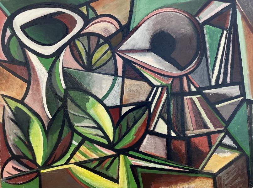 Nature morte broc, carafe et feuilles, août 1988