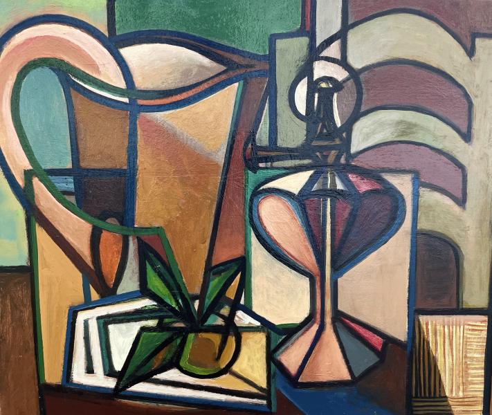 Nature morte, chaise, lampe à huile, broc et fruit, novembre 1982