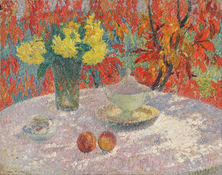 Dahlias jaunes sur la table sous la vigne vierge rouge Henri MARTIN