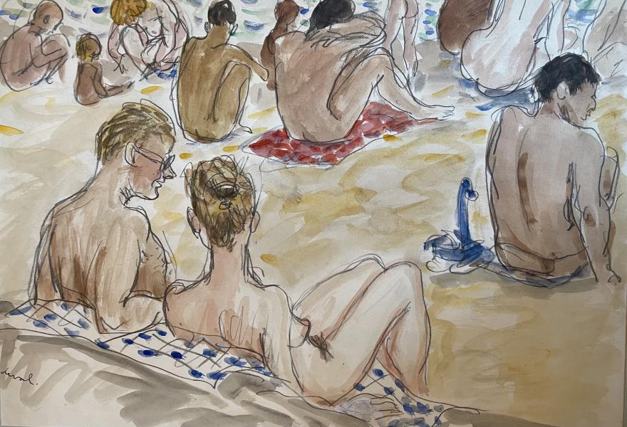 Couple accoudé et autres nus sur la plage, Iles du Levant