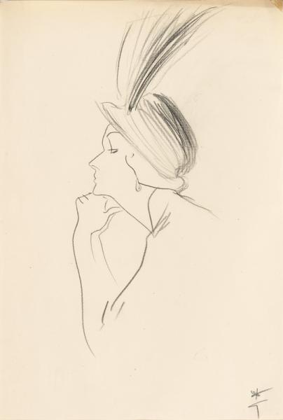 De profil, chapeau à plumes, 1950