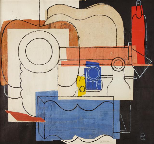 Nature morte à la guitare, pile d’assiettes, livre ouvert, pipes, bouteilles et verres, 1961