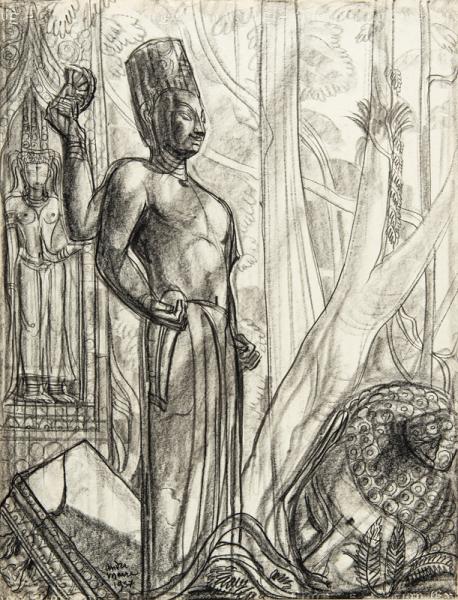 Cambodge, Angkor, Tête de Bouddha et grande statue en pied, 1957