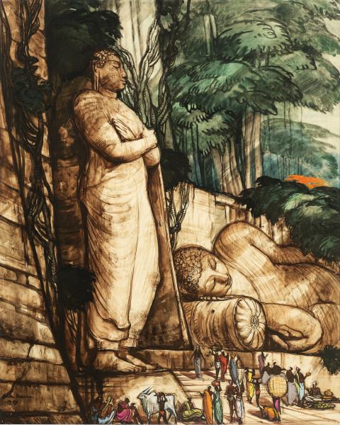 Ceylan, Bouddha dormant veillé par son disciple favori, 1939.