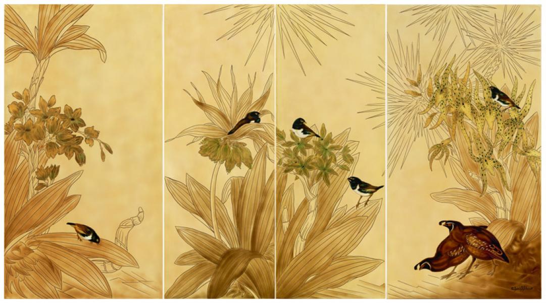Hirondelles de Chine et colins de Californie dans les ophrys en fleurs, circa 1955