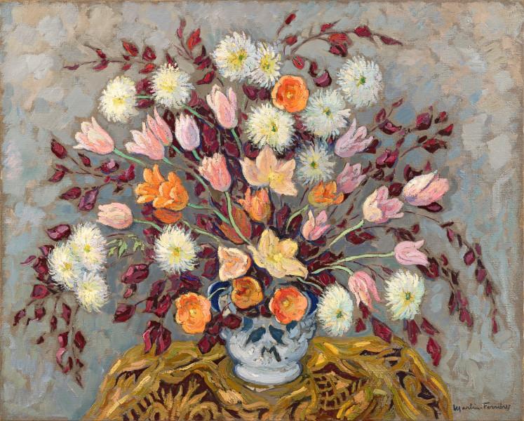 Grand bouquet de tulipes roses et feuilles longues, 1970