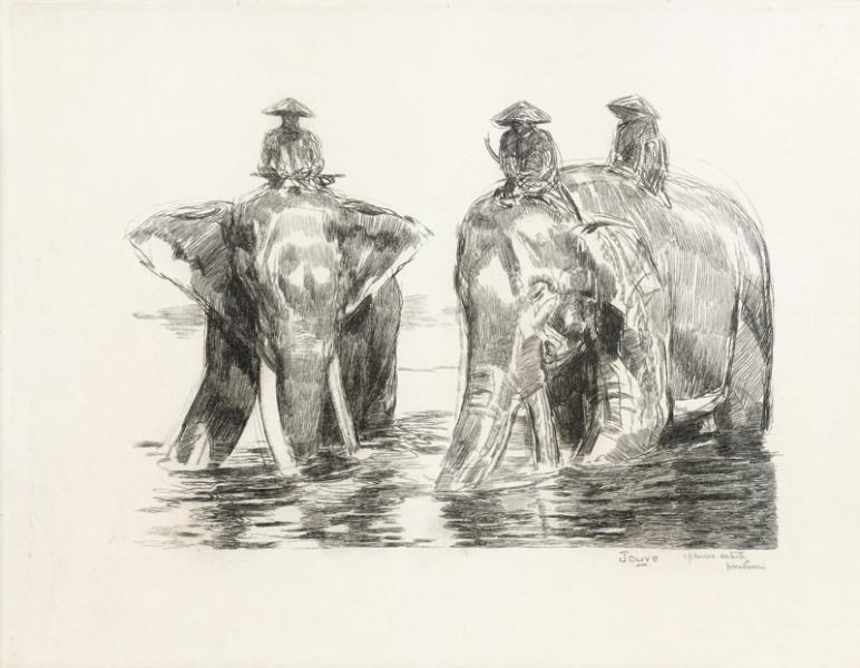 Éléphants et leurs cornacs, La rivière des parfums, Hué, 1931