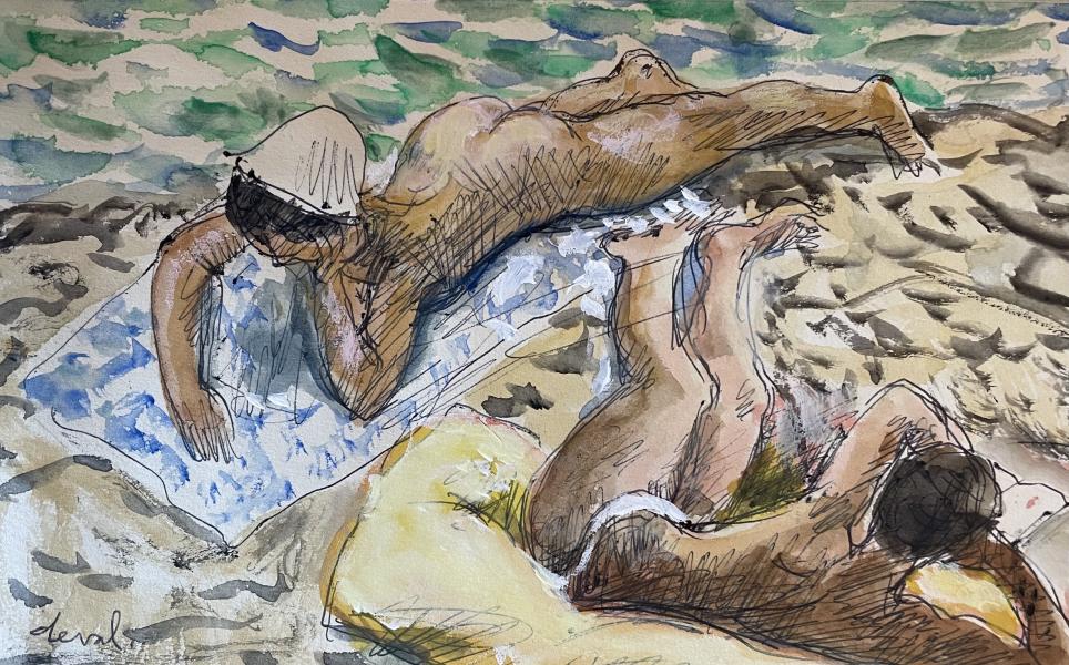 Deux jeunes filles au bord de la mer, la serviette bleue