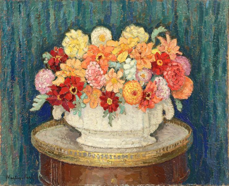 Dahlias sur table bouillotte