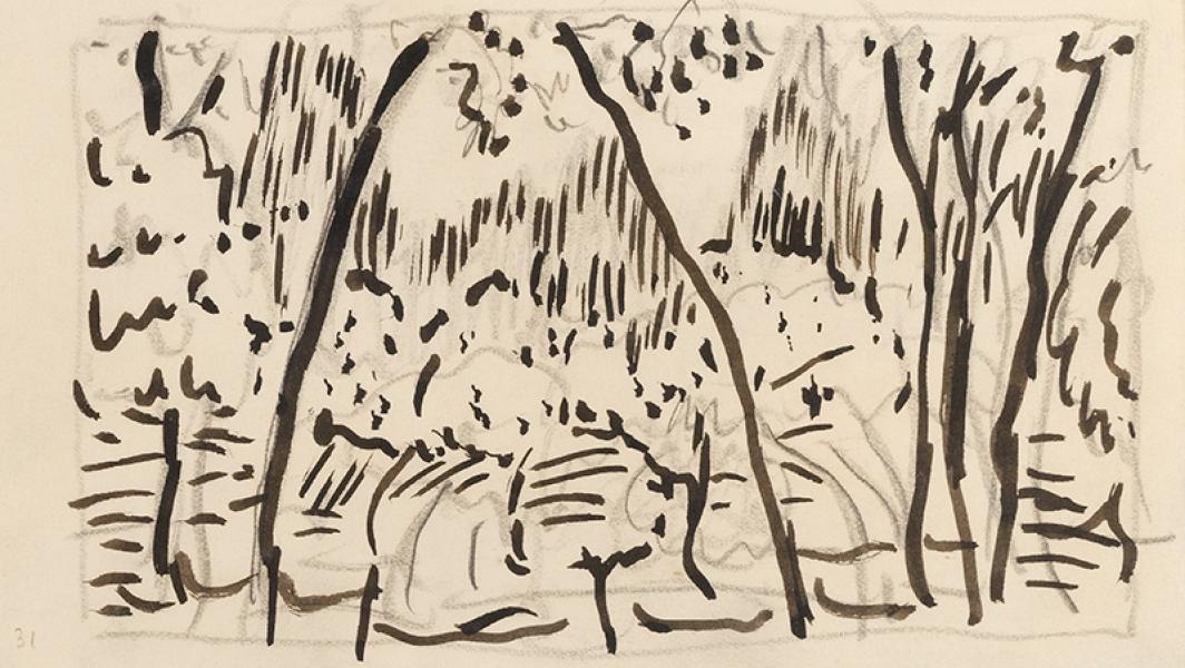 Etude de fond d'arbres pour une illustration des Petites scènes familières pour piano, circa 1895